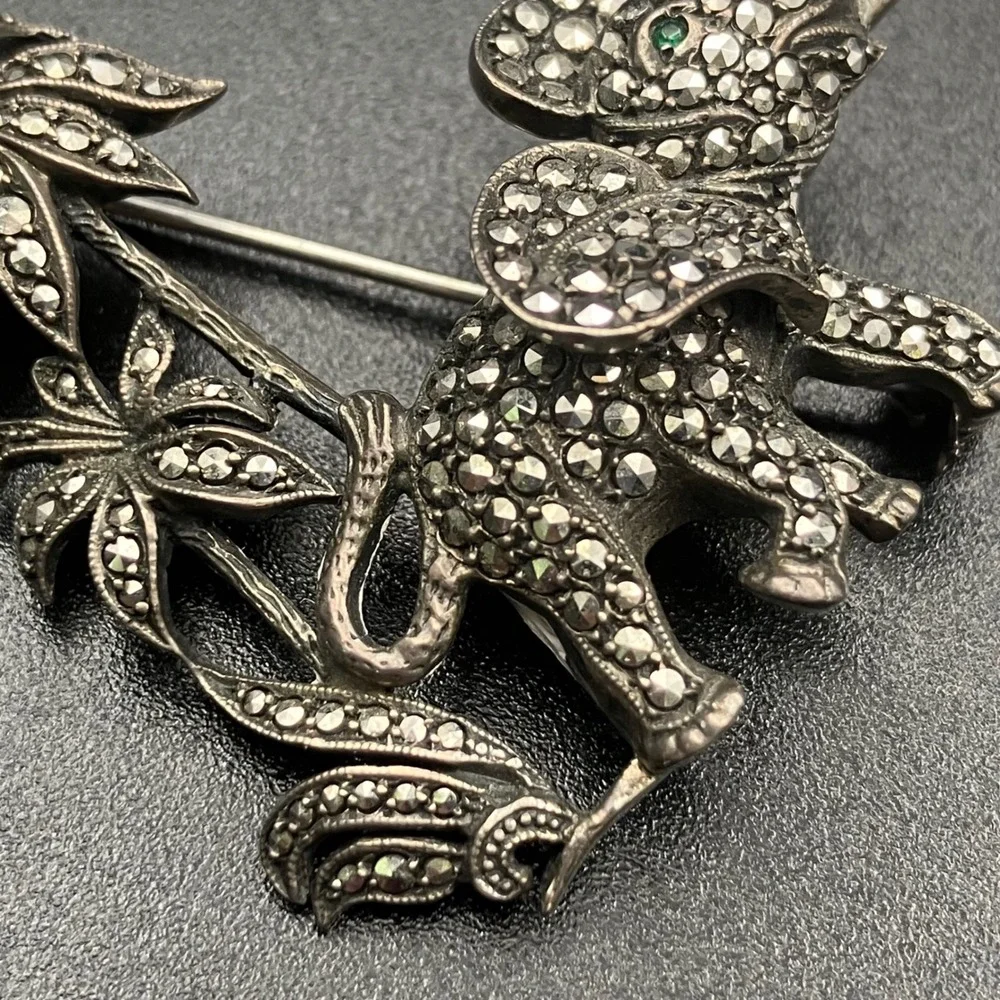 Vintage Sterling Silver Elephant Brooch Art Deco Marcasite Green Eye Palm Tree
